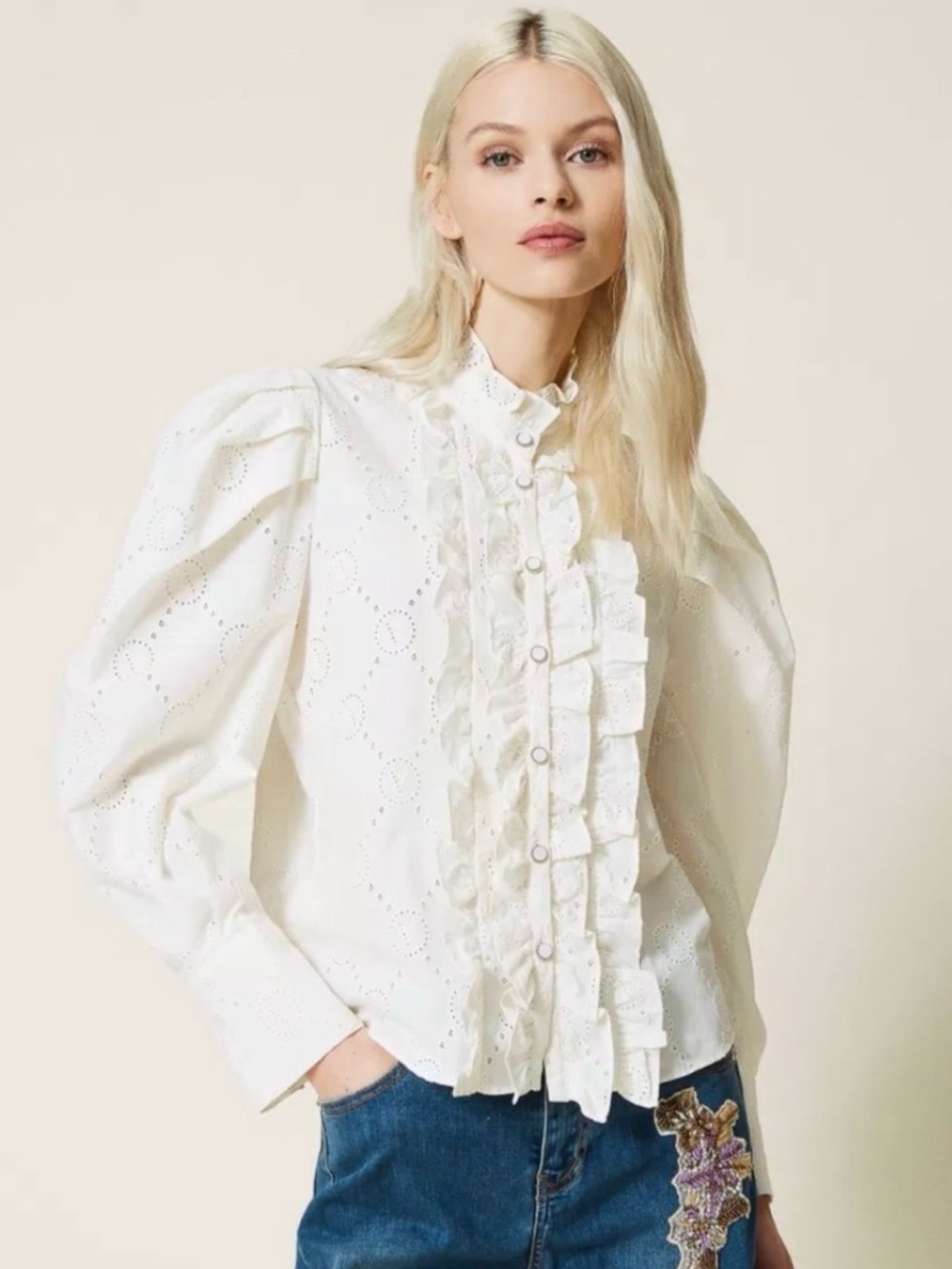 The Kooples Ecru Ruffled Eyelet Button Blouse,Size 1 (S) , 100% Cotton
